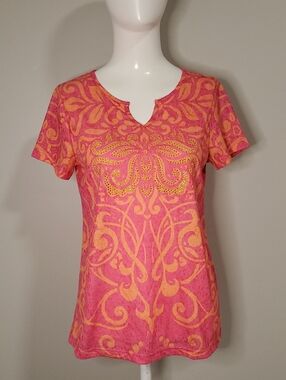 Christopher & Banks Pink and Orange Decorative Short Sleeve Tee